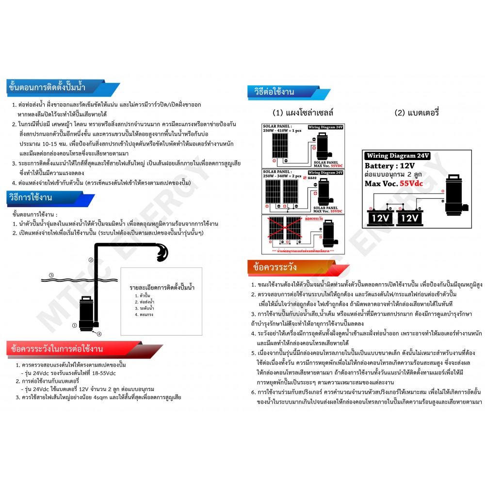 ปั๊มน้ำโซล่าเซลล์บัสเลส 375W 24V รุ่น 50ZWQ5-5-375